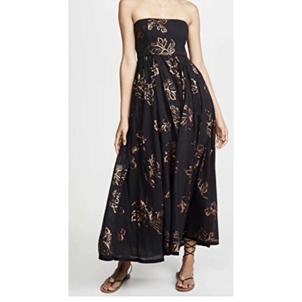 Free People Baja Babe Womens L Black Bronze Metallic Floral Strapless Midi Dress